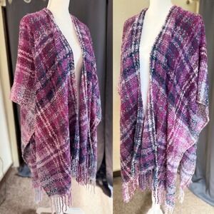 Woolrich Becca Plaid Poncho Wrap Purple Pink Fringe One Size NWT